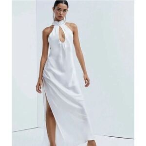 For Love & Lemons Pia Halter Satin Maxi Dress NWT Medium White Slit Gown